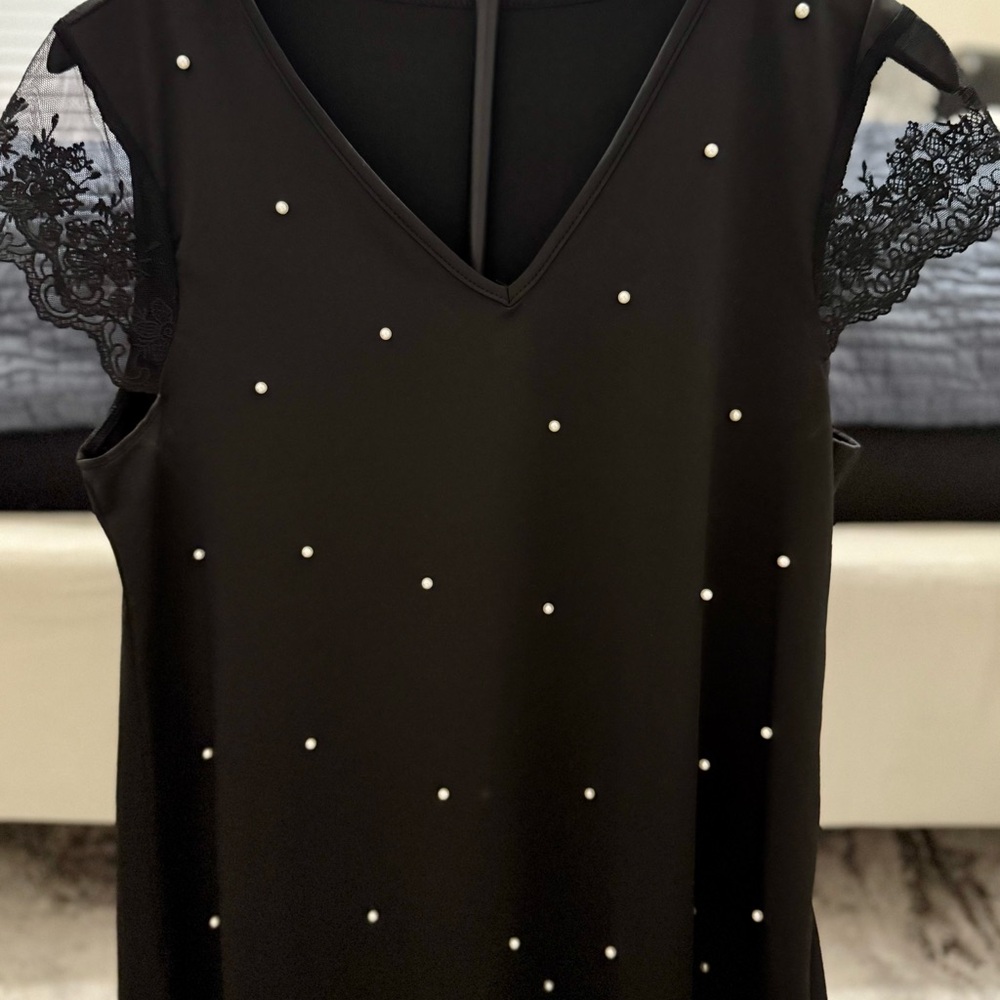 Black Top with Pearl and Lace Accents
